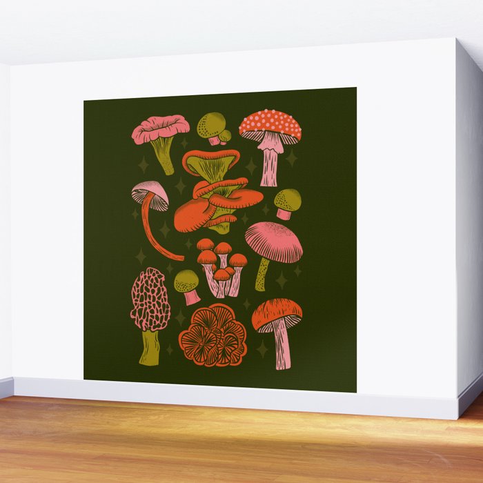 Texas Mushrooms - Bright Multicolor on Green Wall Mural Gallery Image 2