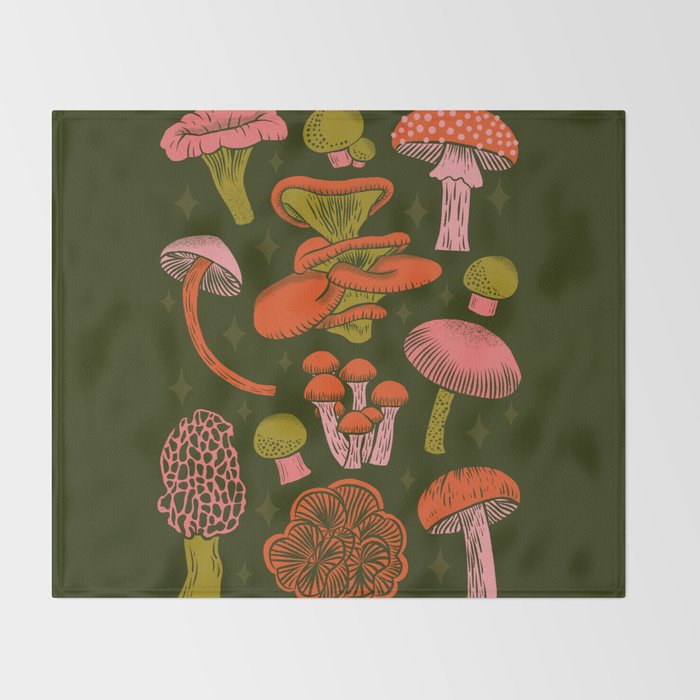 Texas Mushrooms - Bright Multicolor on Green Throw Blanket Gallery Image 2