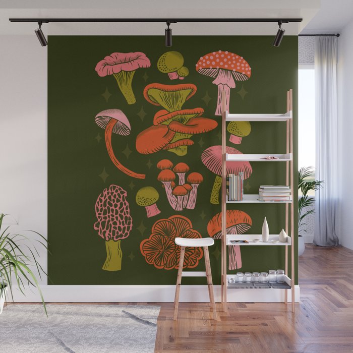 Texas Mushrooms - Bright Multicolor on Green Wall Mural Gallery Image 1