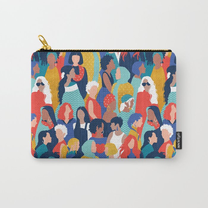 Every day we glow International Women's Day // midnight navy blue background teal, mint, electric blue neon orange red and gold humans  Carry All Pouch Gallery Image 1