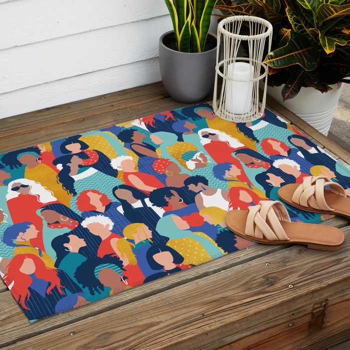 Every day we glow International Women's Day // midnight navy blue background teal, mint, electric blue neon orange red and gold humans  Outdoor Rug Gallery Image 2