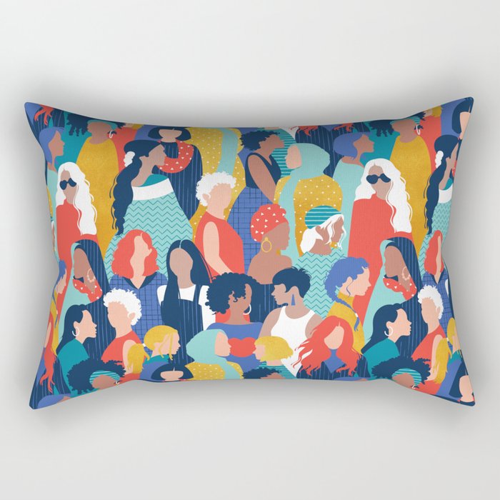 Every day we glow International Women's Day // midnight navy blue background teal, mint, electric blue neon orange red and gold humans  Rectangular Pillow Gallery Image 1
