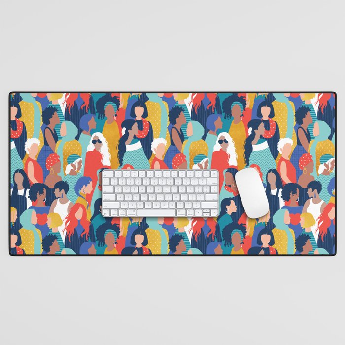 Every day we glow International Women's Day // midnight navy blue background teal, mint, electric blue neon orange red and gold humans  Desk Mat Gallery Image 1