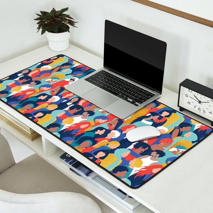 Every day we glow International Women's Day // midnight navy blue background teal, mint, electric blue neon orange red and gold humans  Desk Mat Gallery Image 2