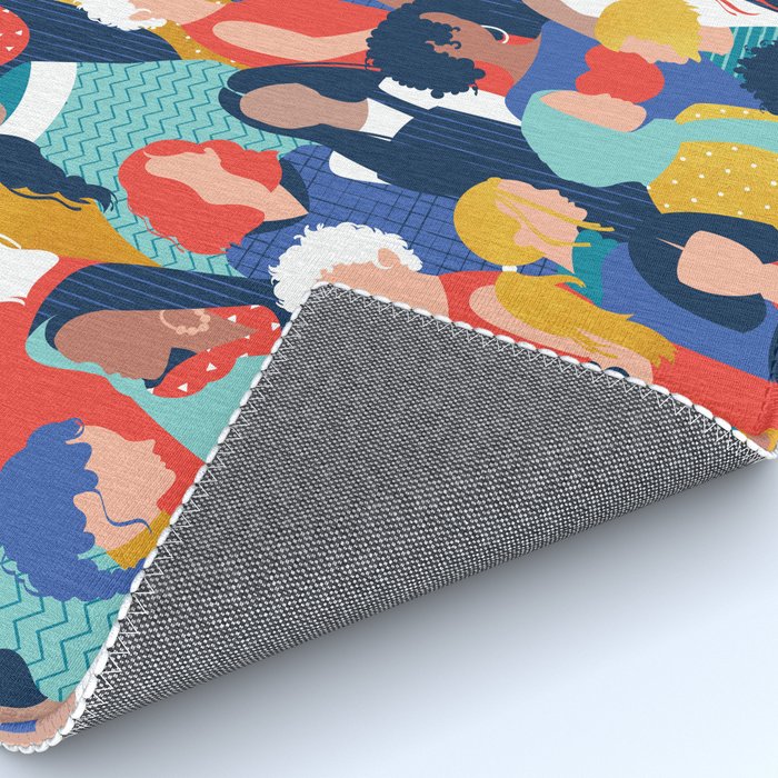 Every day we glow International Women's Day // midnight navy blue background teal, mint, electric blue neon orange red and gold humans  Rug Gallery Image 4