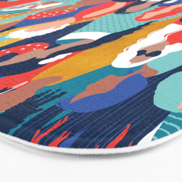 Every day we glow International Women's Day // midnight navy blue background teal, mint, electric blue neon orange red and gold humans  Bath Mat Gallery Image 3