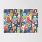 Every day we glow International Women's Day // midnight navy blue background teal, mint, electric blue neon orange red and gold humans  Rug Gallery Image 2