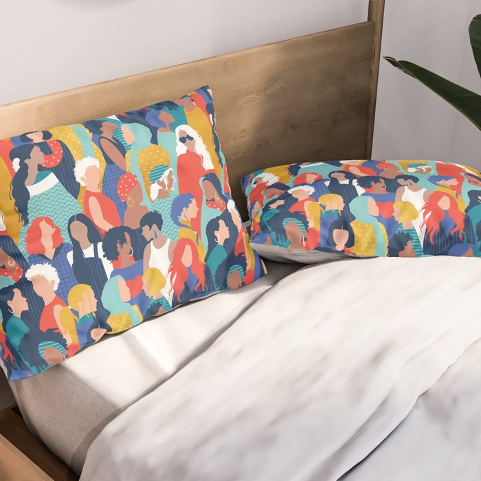 Every day we glow International Women's Day // midnight navy blue background teal, mint, electric blue neon orange red and gold humans  Pillow Sham Gallery Image 2