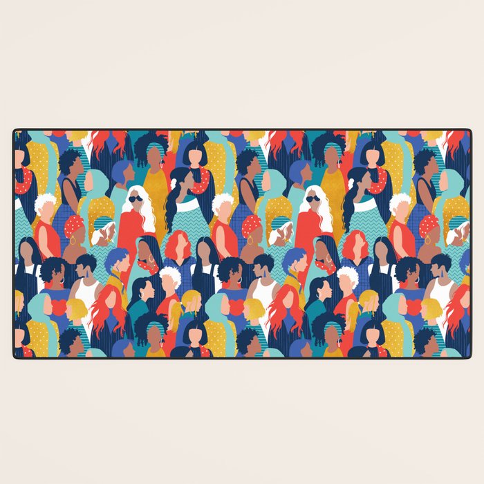 Every day we glow International Women's Day // midnight navy blue background teal, mint, electric blue neon orange red and gold humans  Desk Mat Gallery Image 3