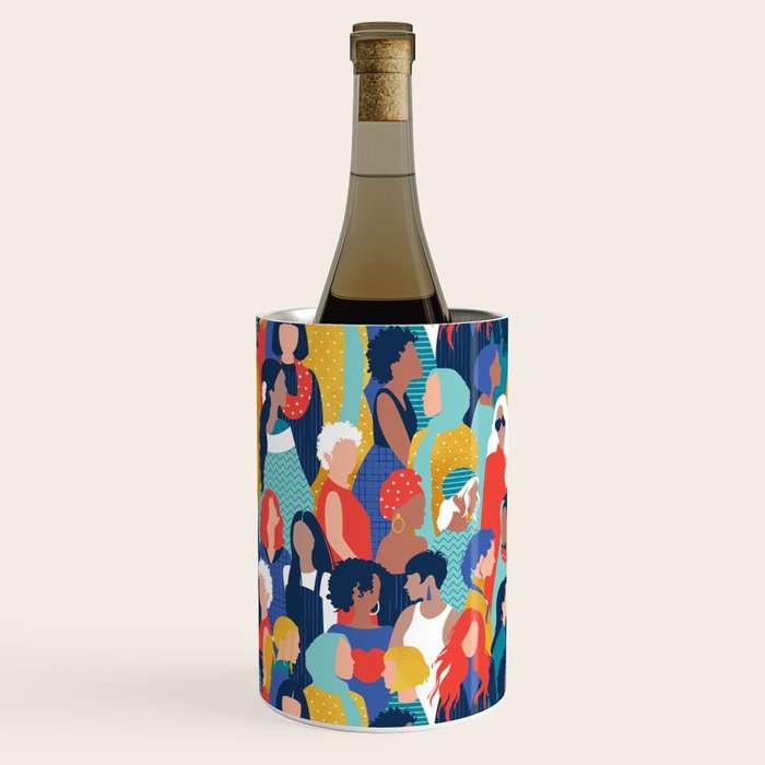 Every day we glow International Women's Day // midnight navy blue background teal, mint, electric blue neon orange red and gold humans  Wine Chiller Gallery Image 1