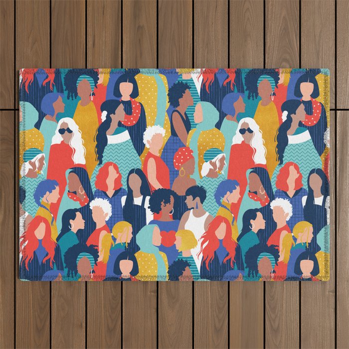 Every day we glow International Women's Day // midnight navy blue background teal, mint, electric blue neon orange red and gold humans  Outdoor Rug