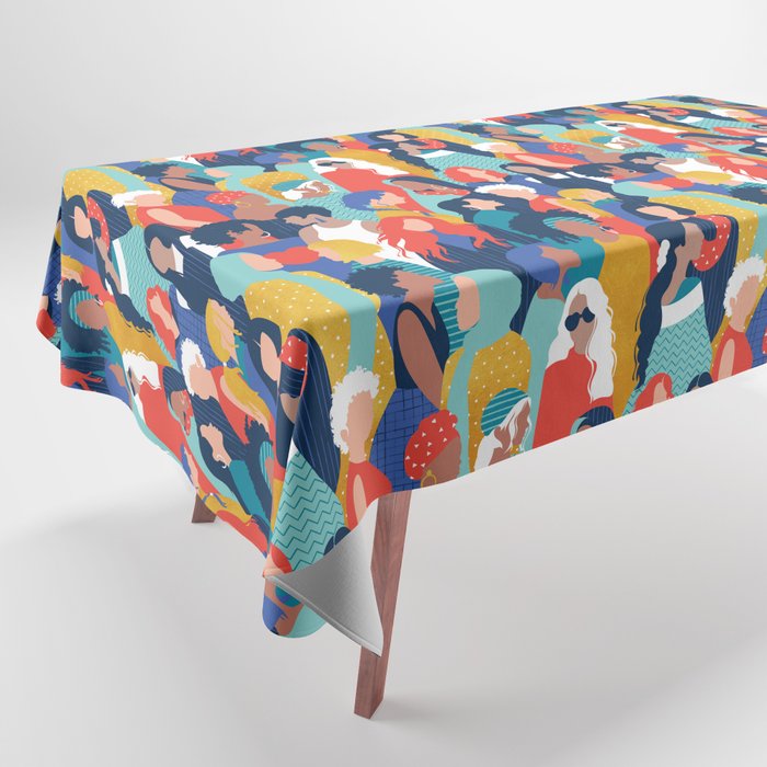 Every day we glow International Women's Day // midnight navy blue background teal, mint, electric blue neon orange red and gold humans  Tablecloth Gallery Image 1