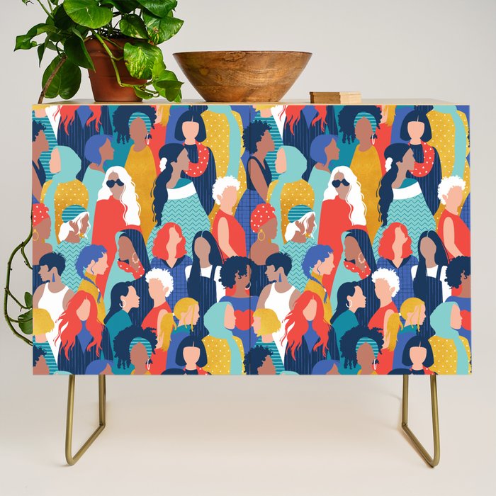 Every day we glow International Women's Day // midnight navy blue background teal, mint, electric blue neon orange red and gold humans  Credenza Gallery Image 1