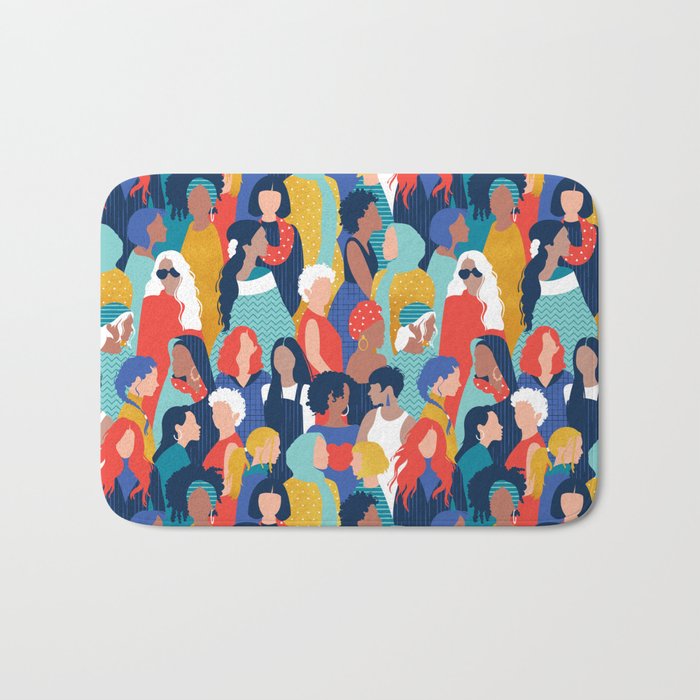 Every day we glow International Women's Day // midnight navy blue background teal, mint, electric blue neon orange red and gold humans  Bath Mat Gallery Image 1