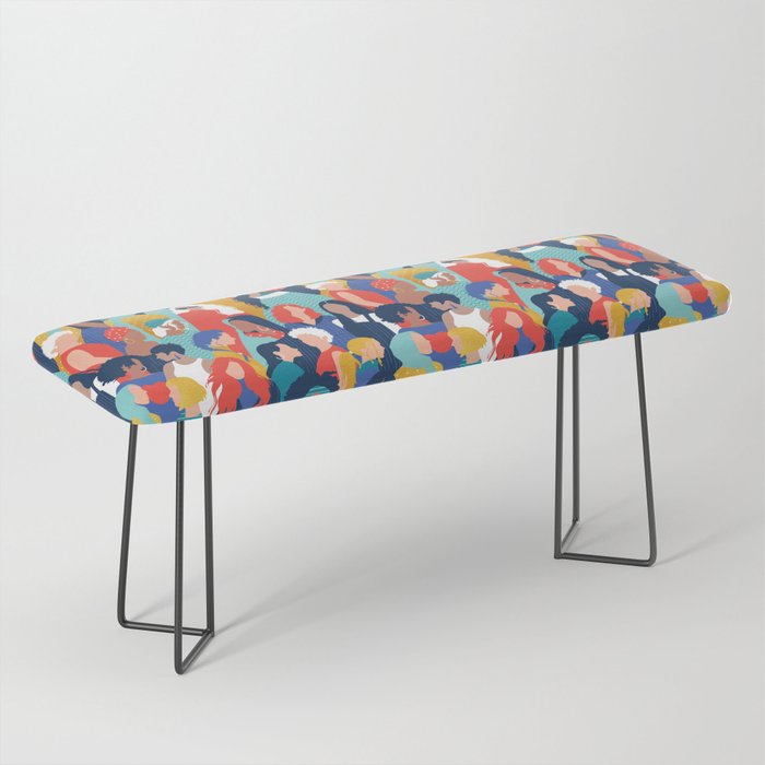 Every day we glow International Women's Day // midnight navy blue background teal, mint, electric blue neon orange red and gold humans  Bench Gallery Image 1