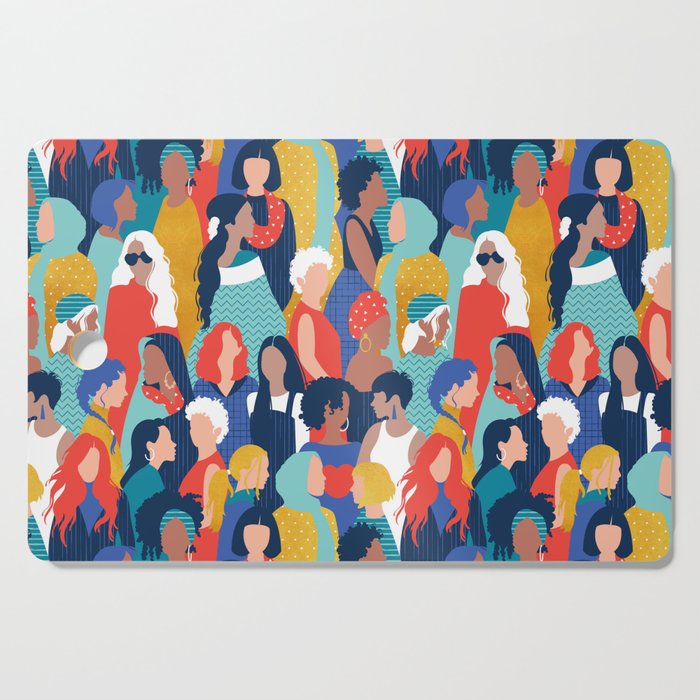 Every day we glow International Women's Day // midnight navy blue background teal, mint, electric blue neon orange red and gold humans  Cutting Board Gallery Image 1