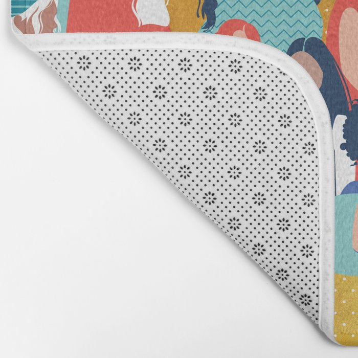 Every day we glow International Women's Day // midnight navy blue background teal, mint, electric blue neon orange red and gold humans  Bath Mat Gallery Image 2