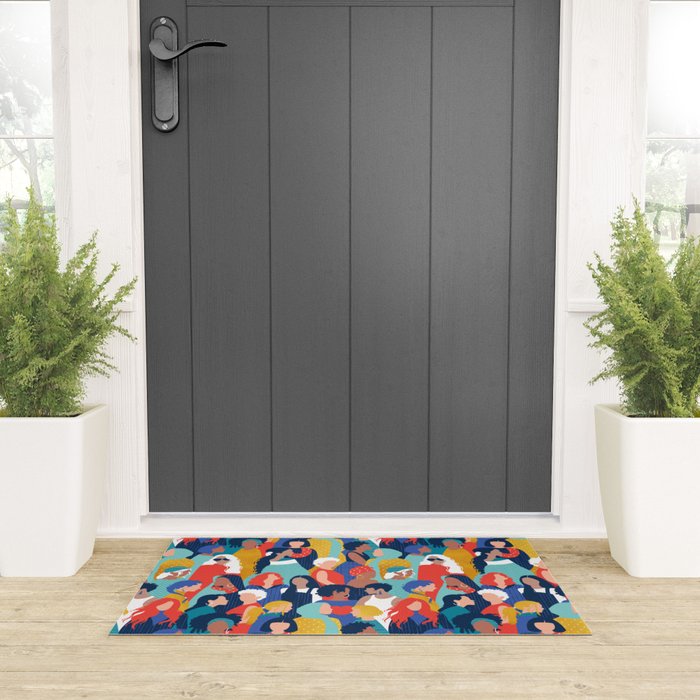 Every day we glow International Women's Day // midnight navy blue background teal, mint, electric blue neon orange red and gold humans  Welcome Mat Gallery Image 3