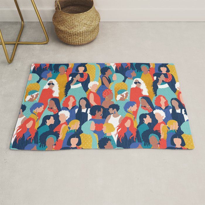 Every day we glow International Women's Day // midnight navy blue background teal, mint, electric blue neon orange red and gold humans  Rug Gallery Image 1