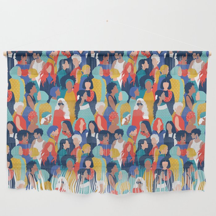 Every day we glow International Women's Day // midnight navy blue background teal, mint, electric blue neon orange red and gold humans  Wall Hanging Gallery Image 1
