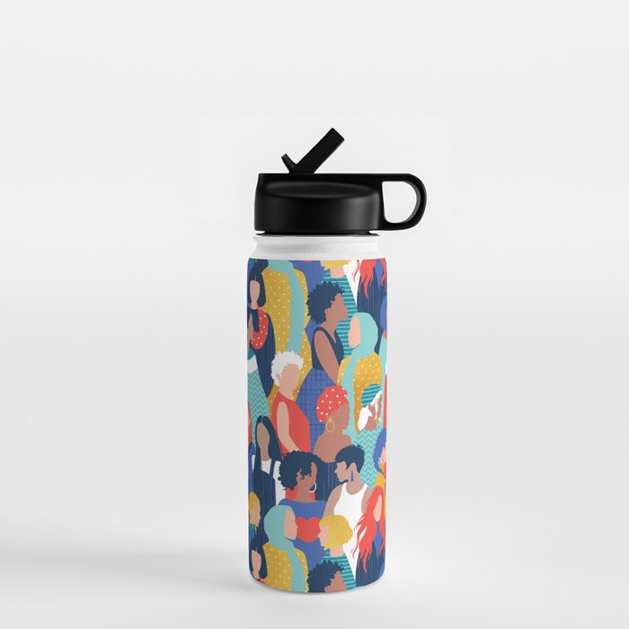 Every day we glow International Women's Day // midnight navy blue background teal, mint, electric blue neon orange red and gold humans  Water Bottle Gallery Image 1