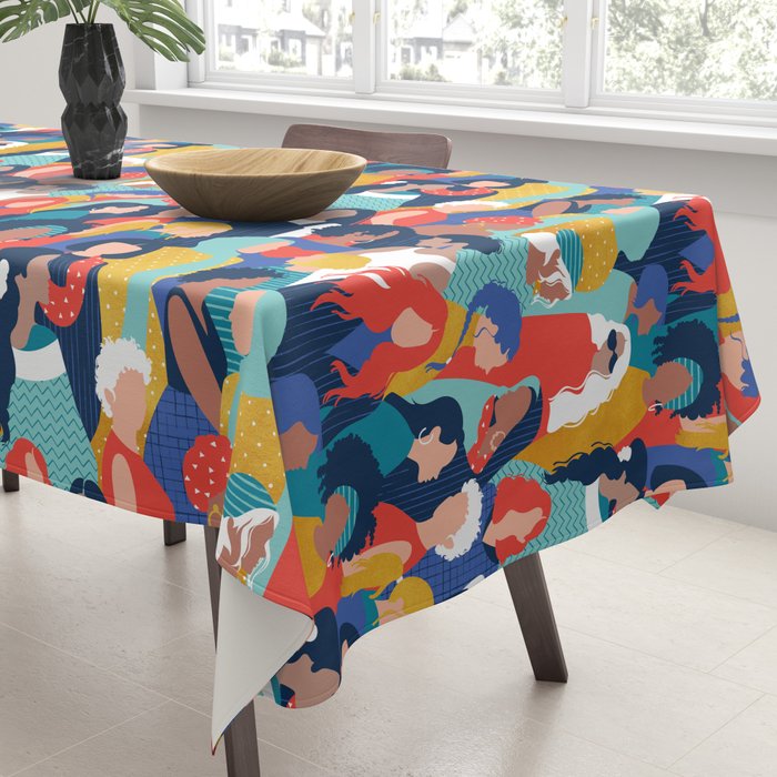 Every day we glow International Women's Day // midnight navy blue background teal, mint, electric blue neon orange red and gold humans  Tablecloth Gallery Image 3