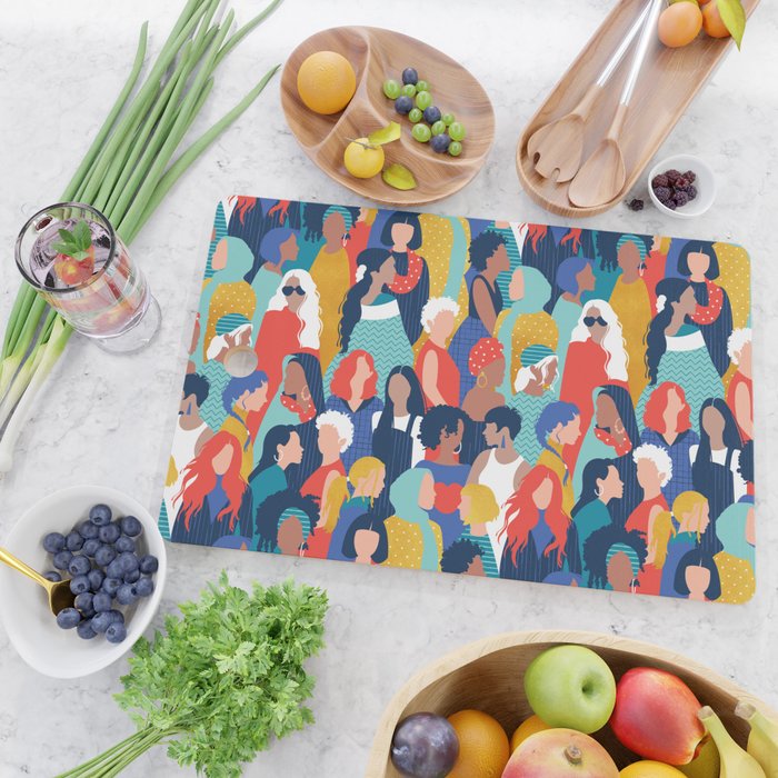 Every day we glow International Women's Day // midnight navy blue background teal, mint, electric blue neon orange red and gold humans  Cutting Board Gallery Image 2