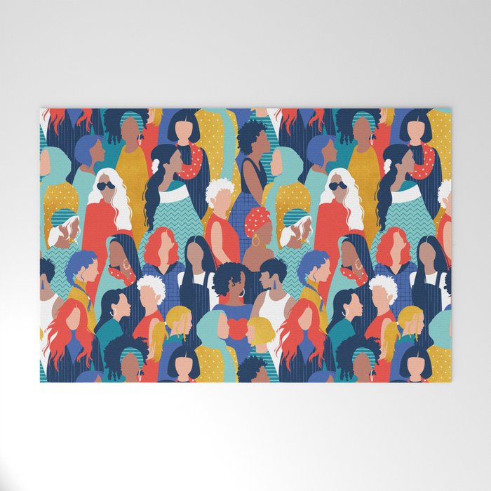 Every day we glow International Women's Day // midnight navy blue background teal, mint, electric blue neon orange red and gold humans  Welcome Mat