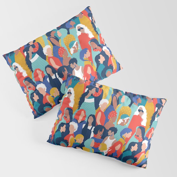 Every day we glow International Women's Day // midnight navy blue background teal, mint, electric blue neon orange red and gold humans  Pillow Sham Gallery Image 1