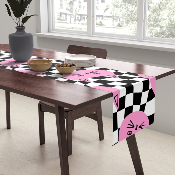 Funny cat cartoon checkered pattern Table Runner Gallery Image 2