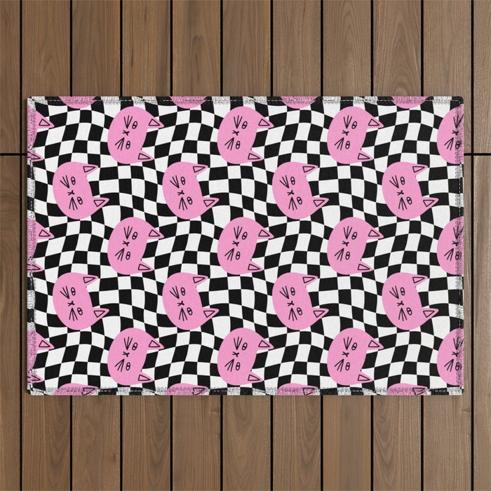 Funny cat cartoon checkered pattern Outdoor Rug Gallery Image 1