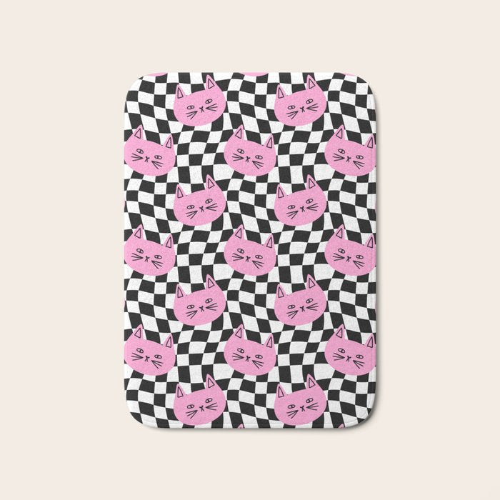 Funny cat cartoon checkered pattern Bath Mat Gallery Image 1