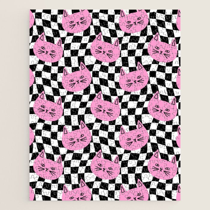 Funny cat cartoon checkered pattern Jigsaw Puzzle Gallery Image 1