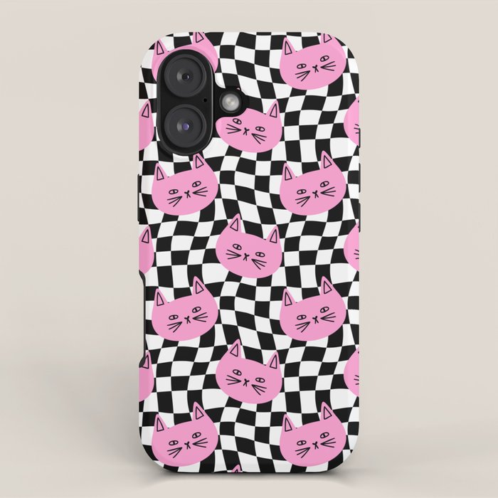 Funny cat cartoon checkered pattern iPhone Case Gallery Image 1