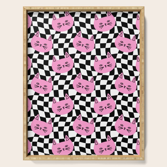 Funny cat cartoon checkered pattern Serving Tray Gallery Image 1