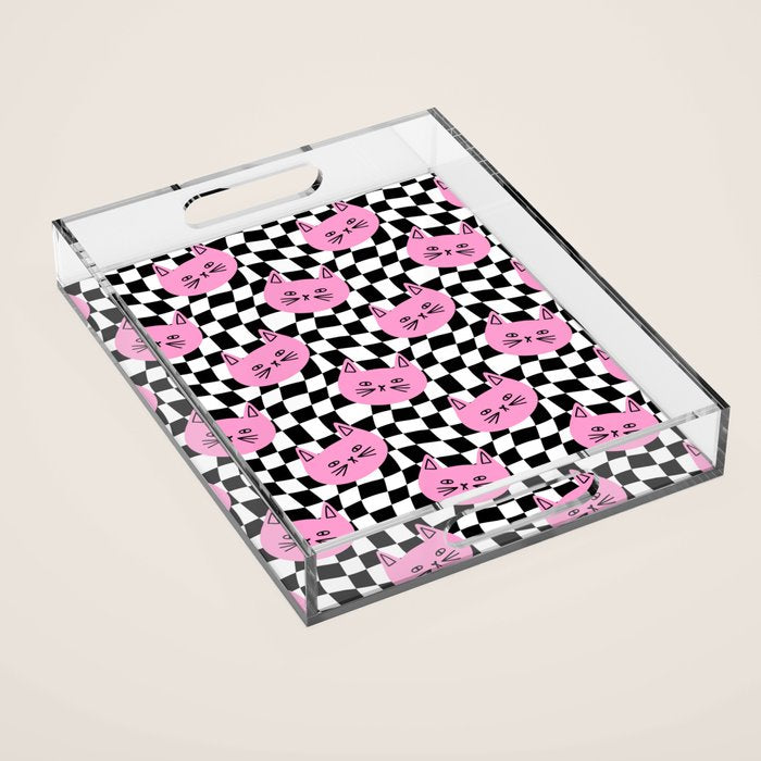 Funny cat cartoon checkered pattern Acrylic Tray Gallery Image 1