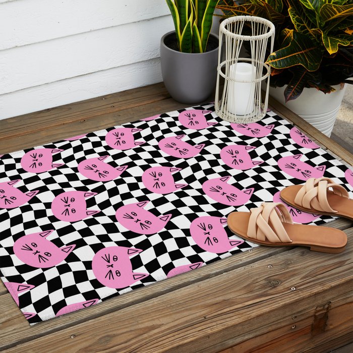 Funny cat cartoon checkered pattern Outdoor Rug Gallery Image 2