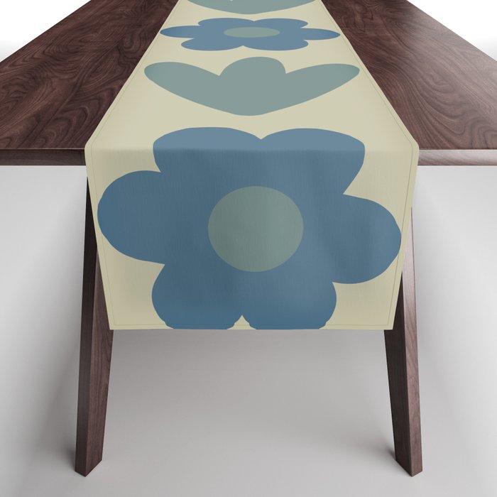 Such Cute Flowers Retro Floral Pattern in Muted Vintage Blue and Beige Table Runner Gallery Image 1
