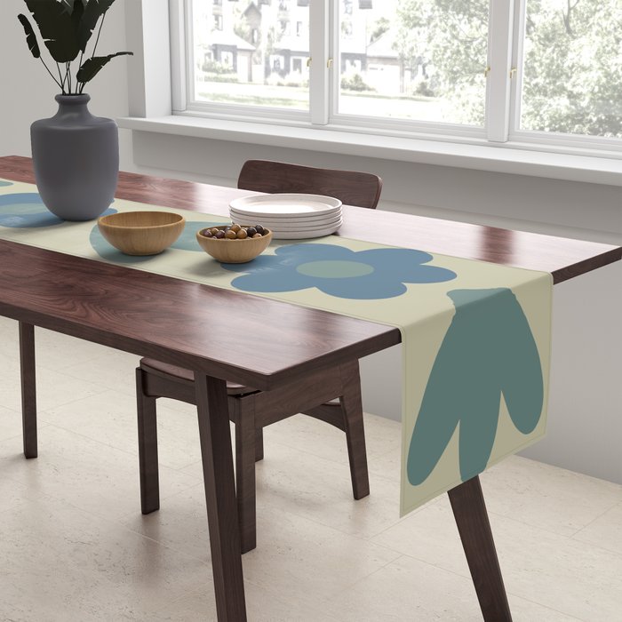 Such Cute Flowers Retro Floral Pattern in Muted Vintage Blue and Beige Table Runner Gallery Image 2