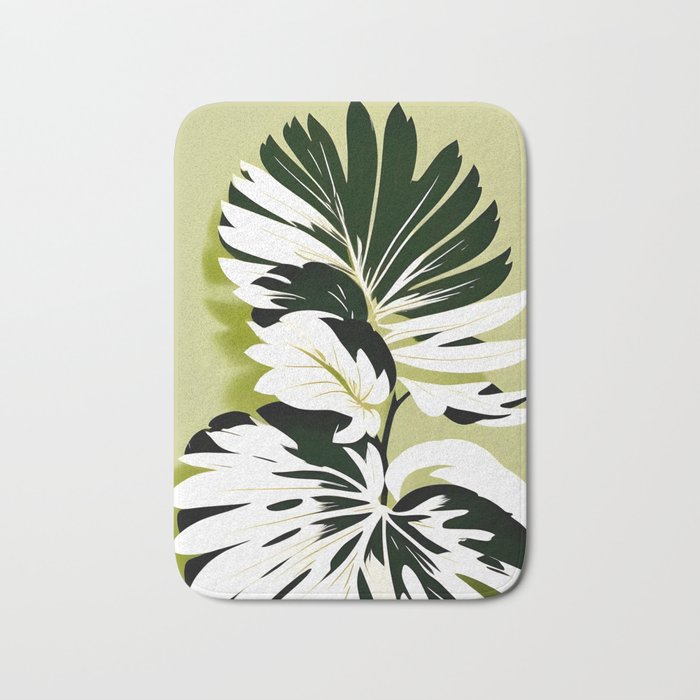 Monsterous, Monstera Tropical Botanical Nature, Jungle Green Scandinavian, Eclectic Garden Bohemian Leaves Illustration, Painting Vintage Variegated Plants   Bath Mat Gallery Image 1