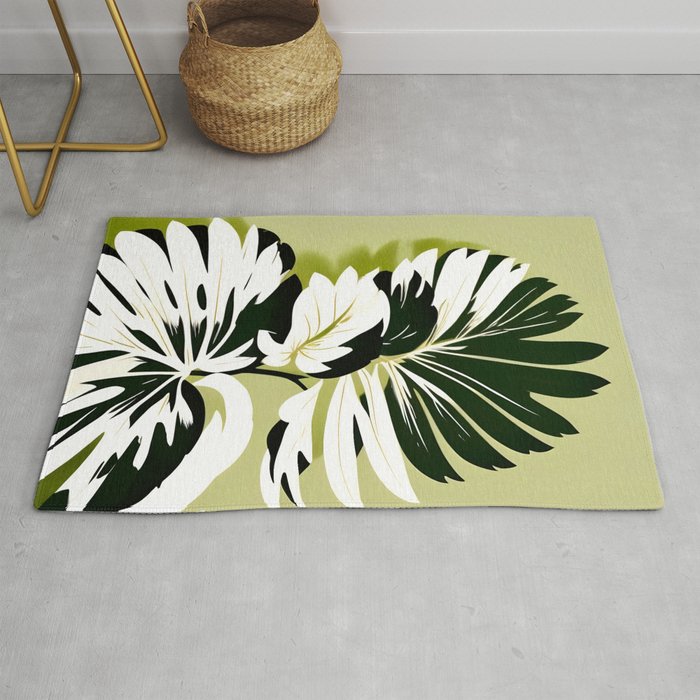Monsterous, Monstera Tropical Botanical Nature, Jungle Green Scandinavian, Eclectic Garden Bohemian Leaves Illustration, Painting Vintage Variegated Plants   Rug Gallery Image 1