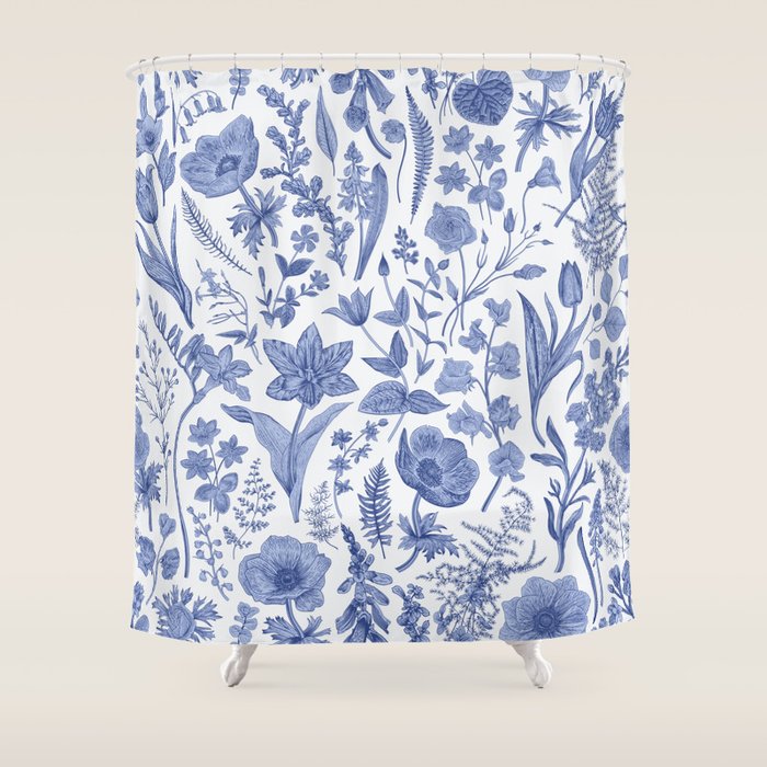 Meadow Magic Blooming Blue & White Wild Flower Floral Shower Curtain Gallery Image 1