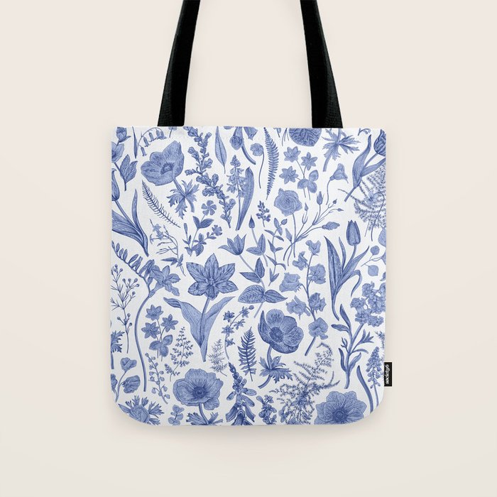 Meadow Magic Blooming Blue & White Wild Flower Floral Tote Bag Gallery Image 1