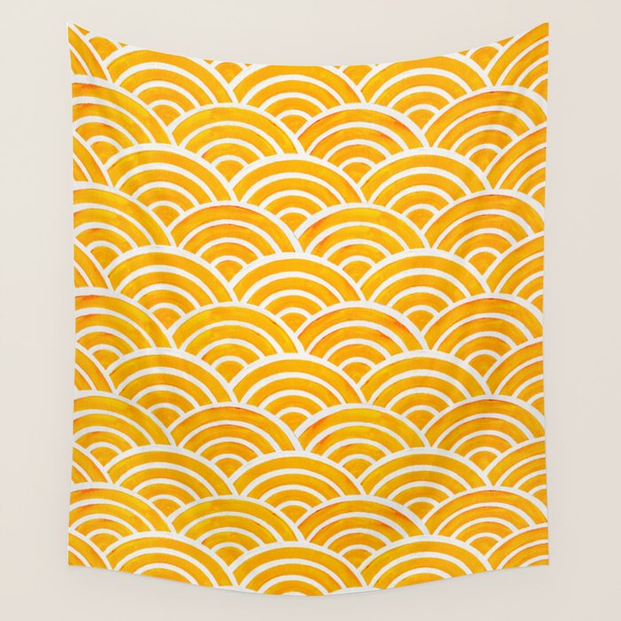 Japanese Seigaiha Wave - Marigold Palette Wall Tapestry Gallery Image 4