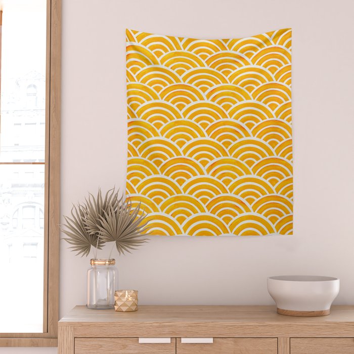 Japanese Seigaiha Wave - Marigold Palette Wall Tapestry Gallery Image 2