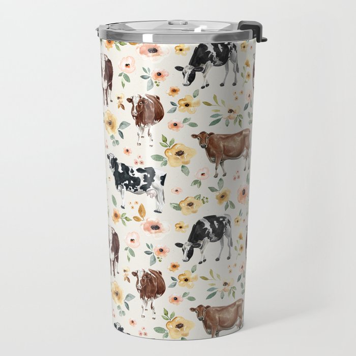 Cows with Pink and Yellow Flowers on Cream, Cow Illustration, Floral Travel Mug Gallery Image 2