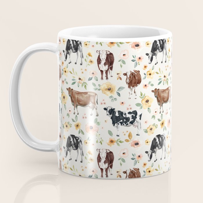 Cows with Pink and Yellow Flowers on Cream, Cow Illustration, Floral Coffee Mug Gallery Image 3