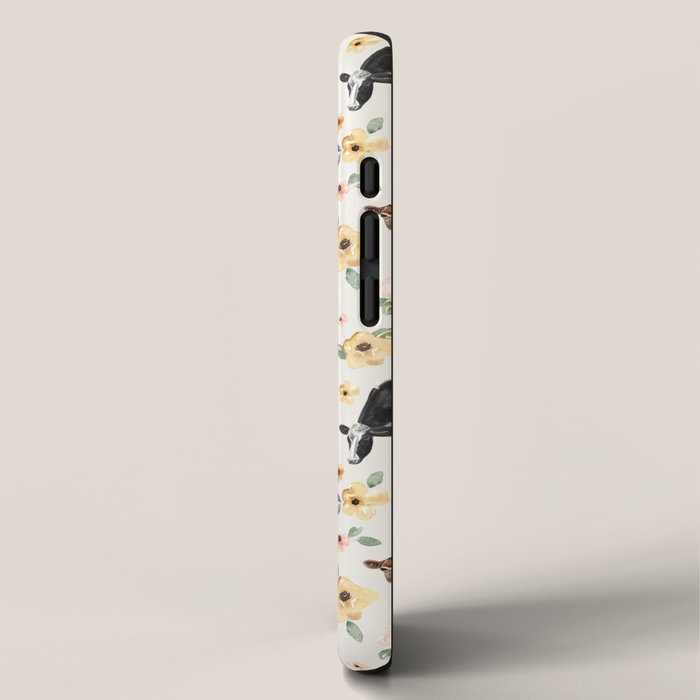 Cows with Pink and Yellow Flowers on Cream, Cow Illustration, Floral iPhone Case Gallery Image 2