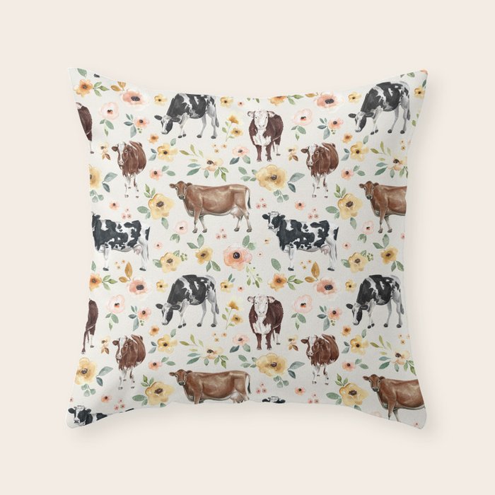 Cows with Pink and Yellow Flowers on Cream, Cow Illustration, Floral Throw Pillow Gallery Image 6