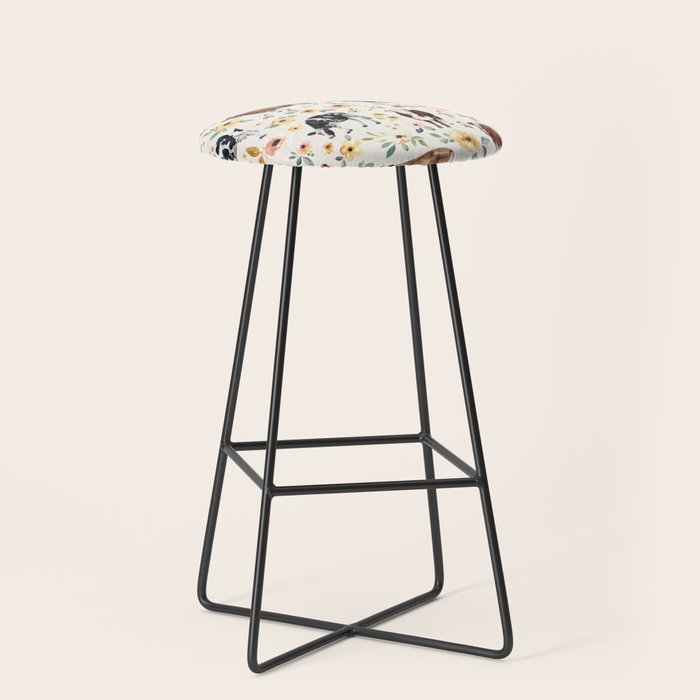 Cows with Pink and Yellow Flowers on Cream, Cow Illustration, Floral Stool Gallery Image 1